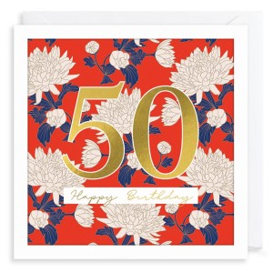 AFA05 Greeting Card 50 Red Floral Happy Birthday